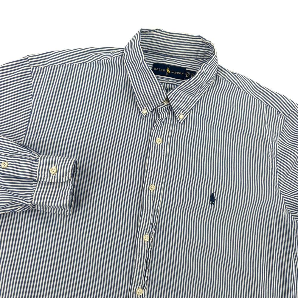 Ralph Lauren Mens XL 17.5-44 Blue White Striped Button Down Shirt Long Sleeve